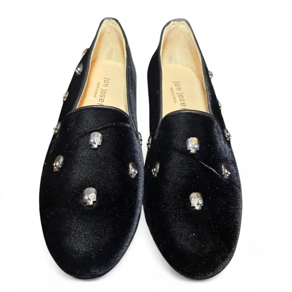 Jon Josef Velvet Smoking Slippers Womens 8.5 Black Skull Stud Loafers Made Spain
